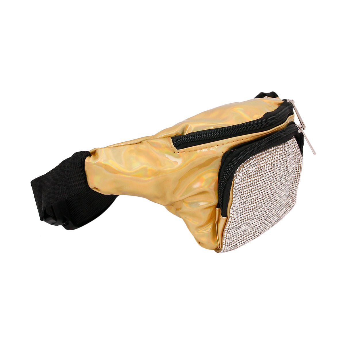 Gold Rhinestone Fanny Pack Faux Patent Leather 2 Zippered Compartments