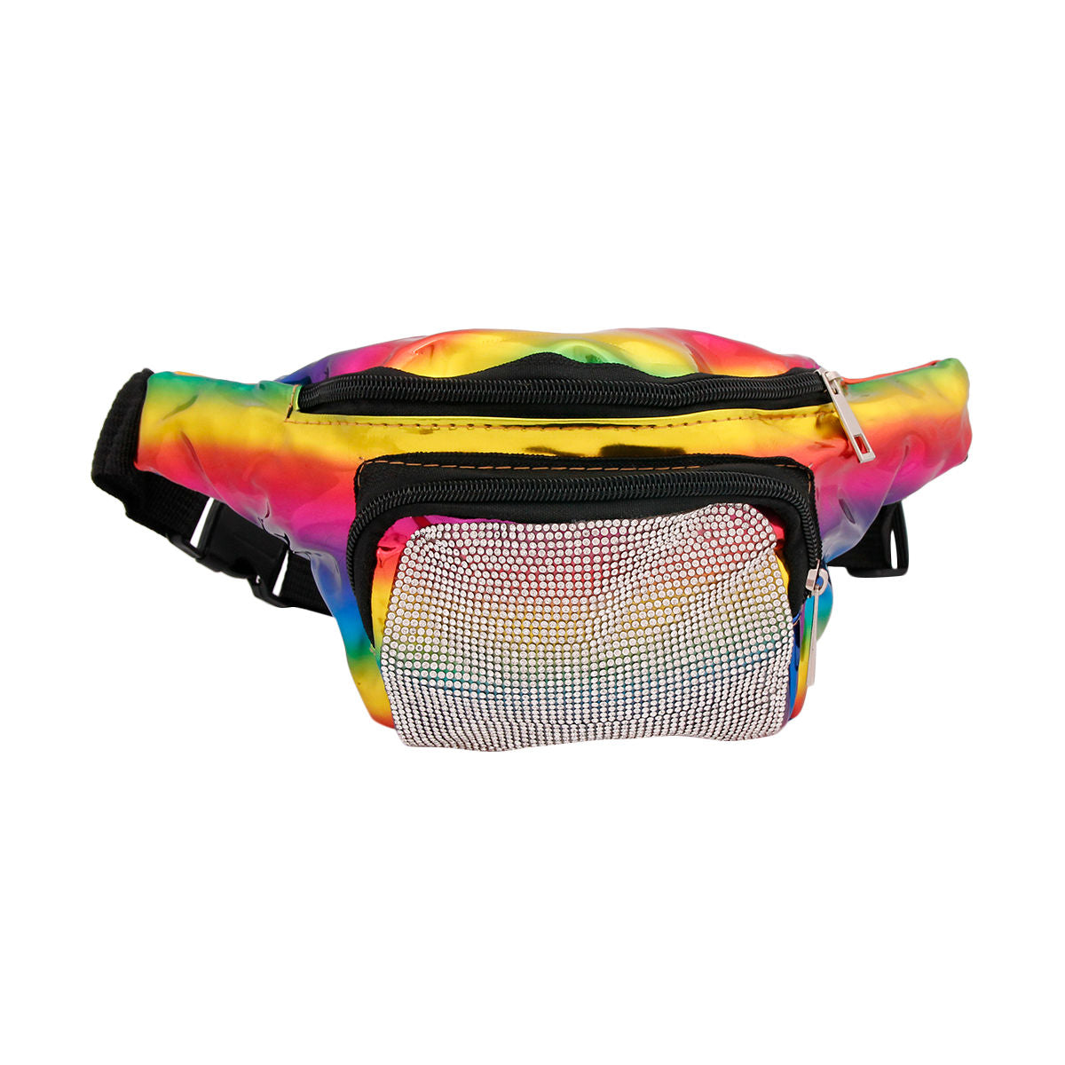 Rainbow Rhinestone Fanny Pack Shiny Faux Leather 2 Zippered Compartments