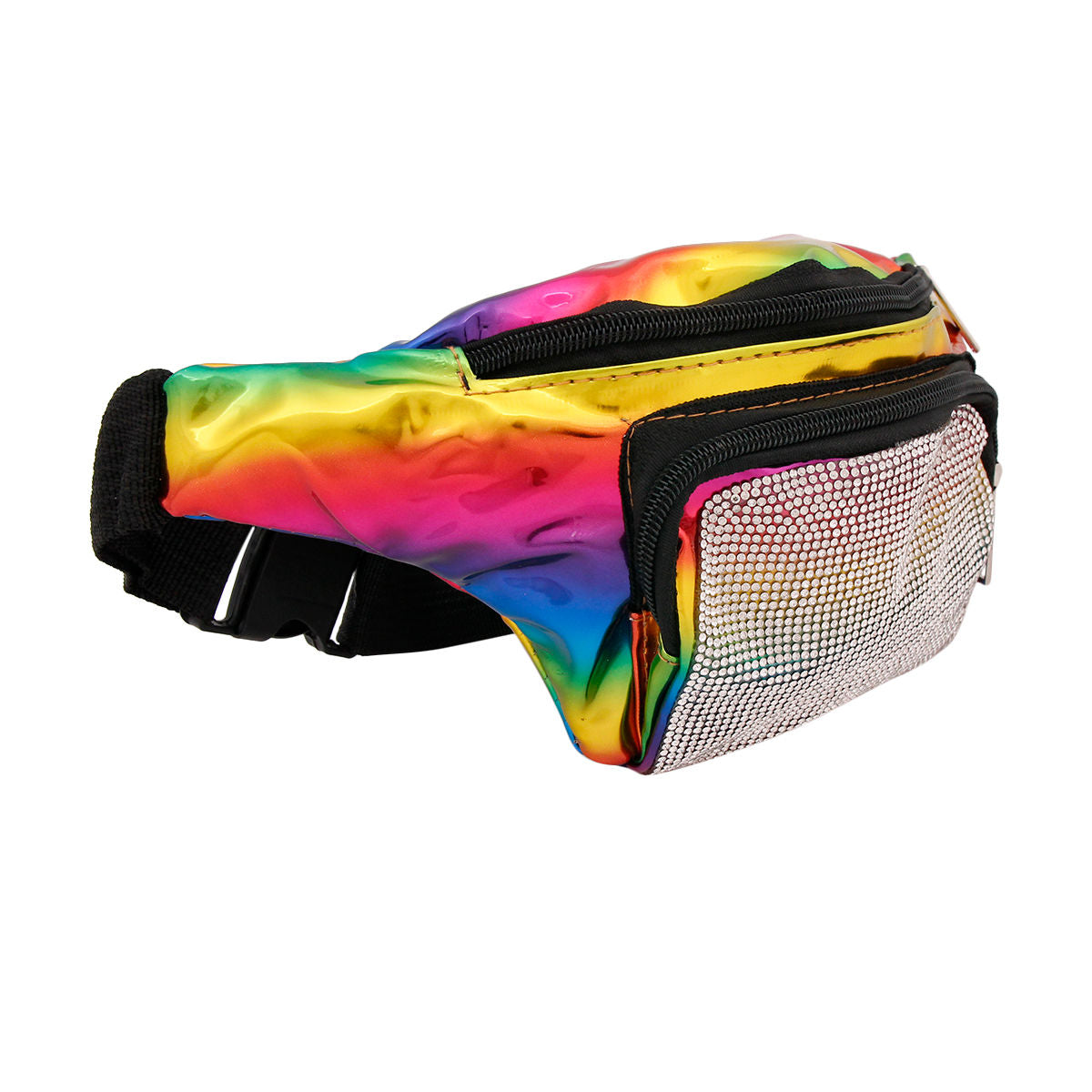 Rainbow Rhinestone Fanny Pack Shiny Faux Leather 2 Zippered Compartments