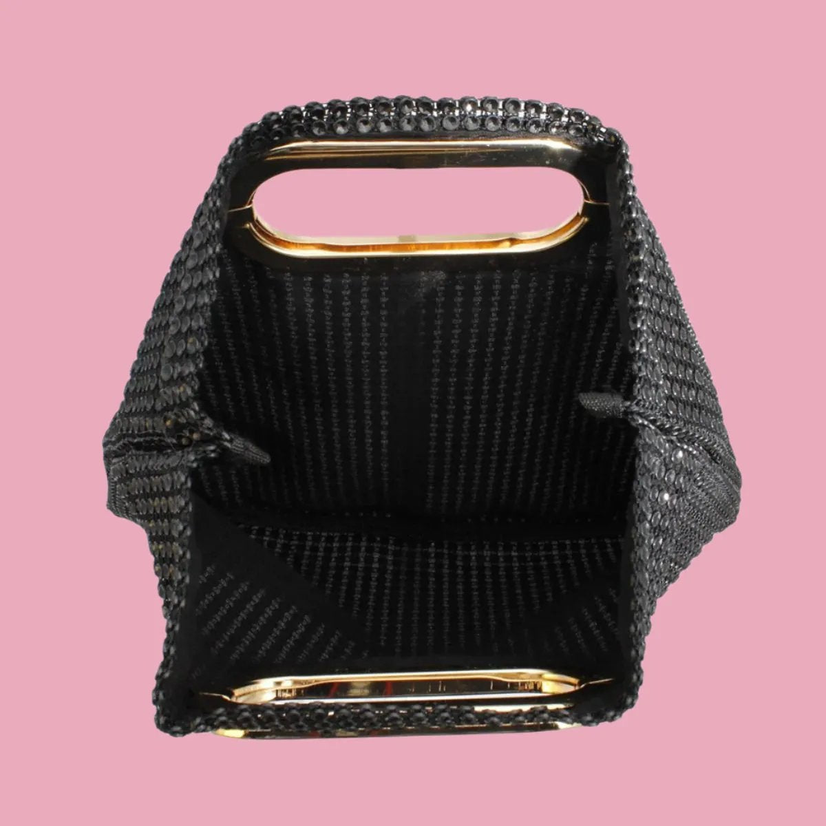 Women's Black Rhinestone Mesh Clutch Handbag | Gold Handle and Square Design