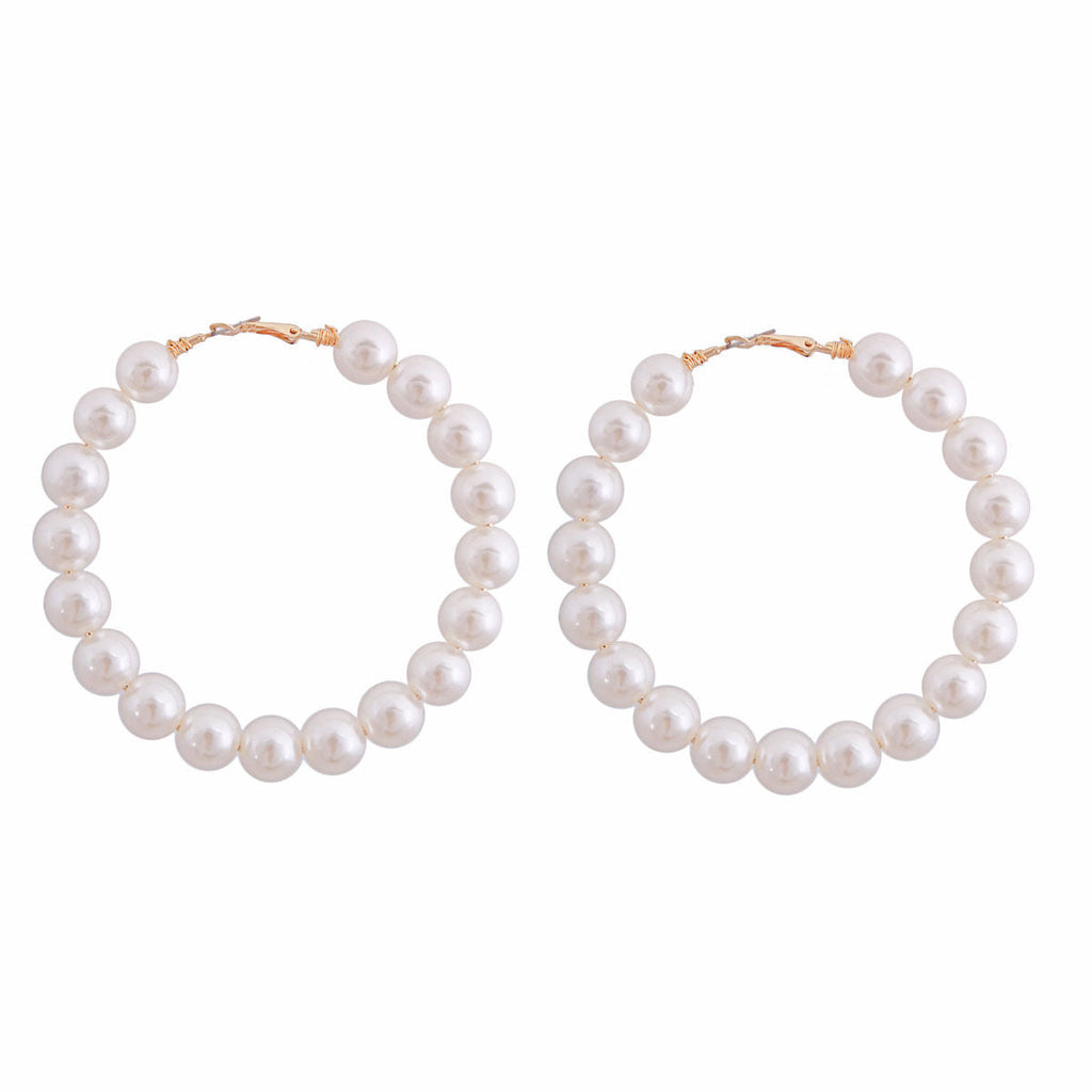 Cream Pearl Hoop Earrings Gold Tone Large Hoops