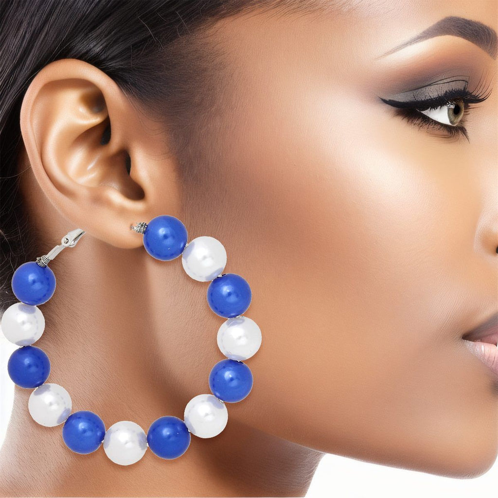 Pearl Hoop Earrings Blue White Color