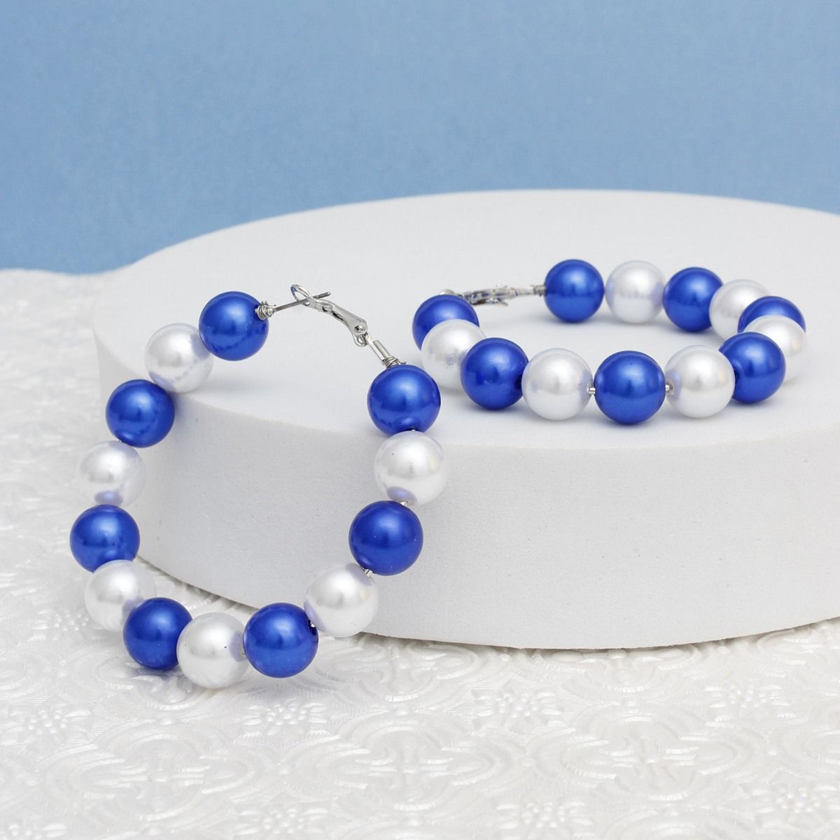 Pearl Hoop Earrings Blue White Color