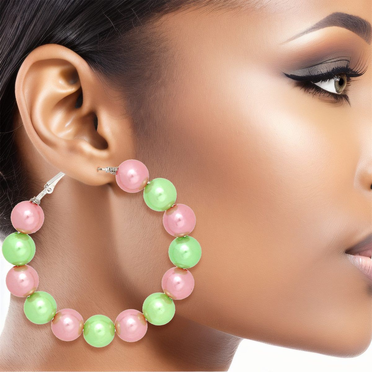 Pearl Hoop Earrings Pink Green Color