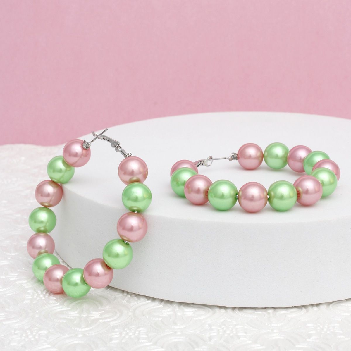 Pearl Hoop Earrings Pink Green Color