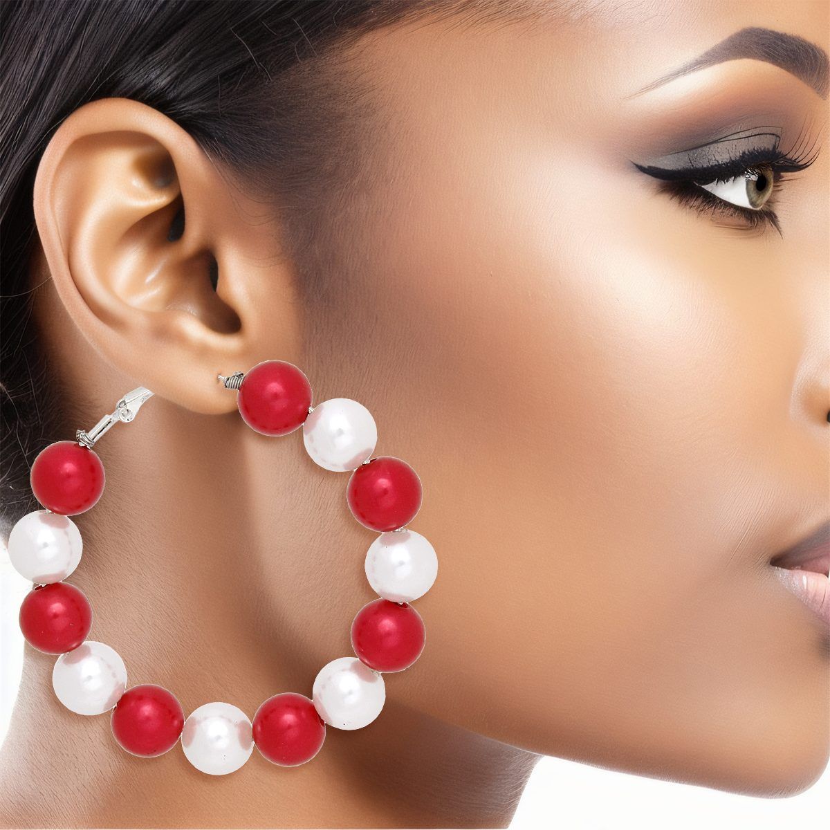 Pearl Hoop Earrings Red White Color