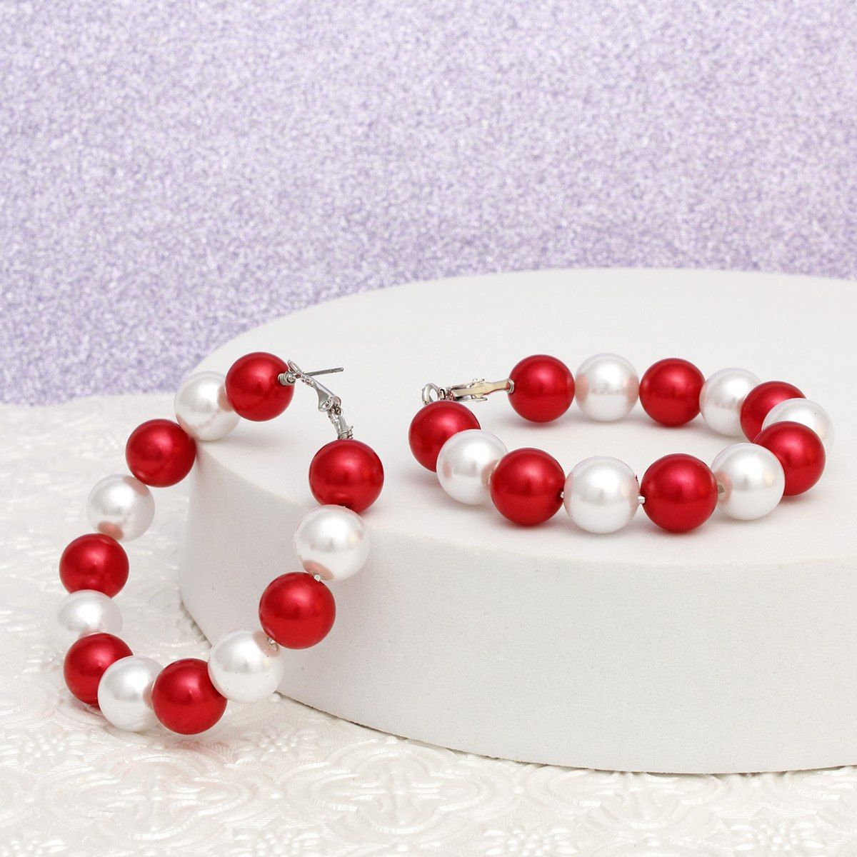 Pearl Hoop Earrings Red White Color
