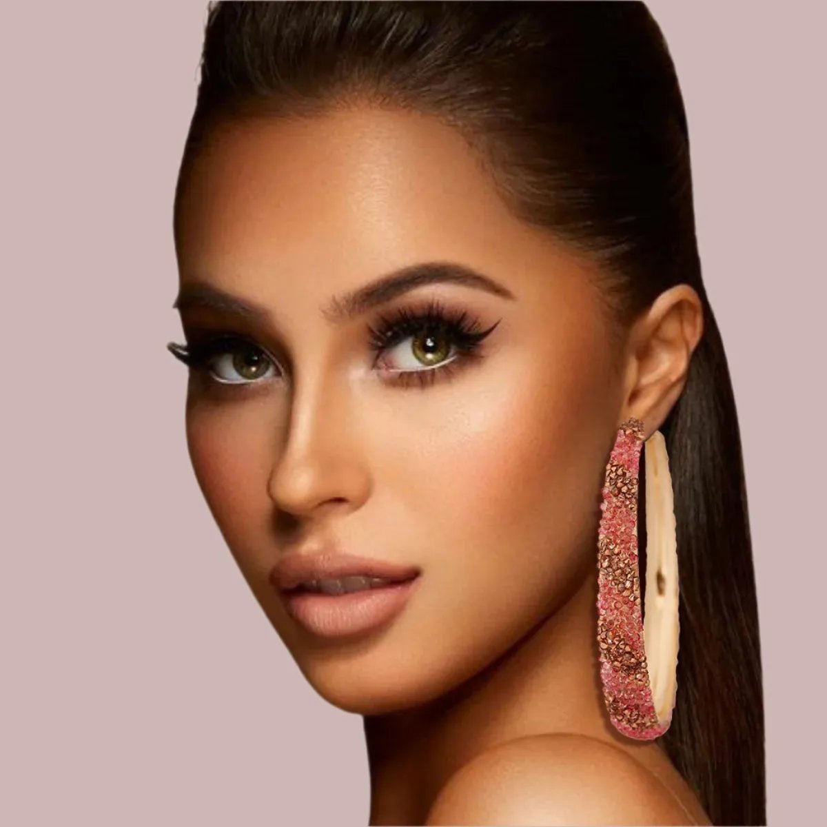 Pink and Brown Stripe Rhinestone Encrusted Hoop Earrings – Bold and Beautiful Elegance