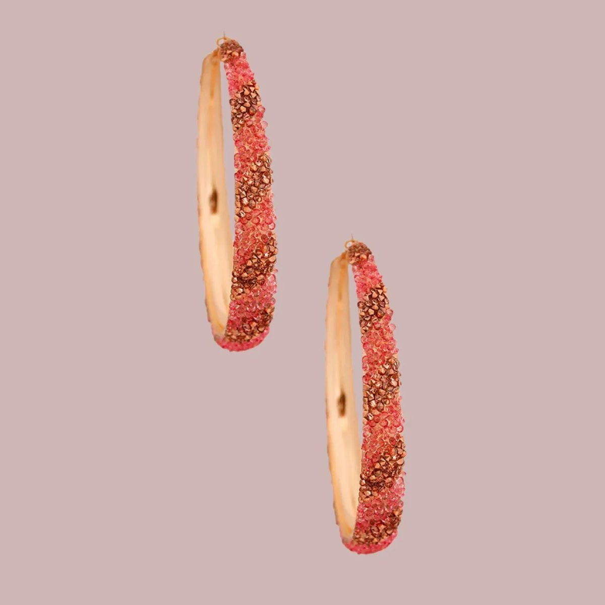 Pink and Brown Stripe Rhinestone Encrusted Hoop Earrings – Bold and Beautiful Elegance