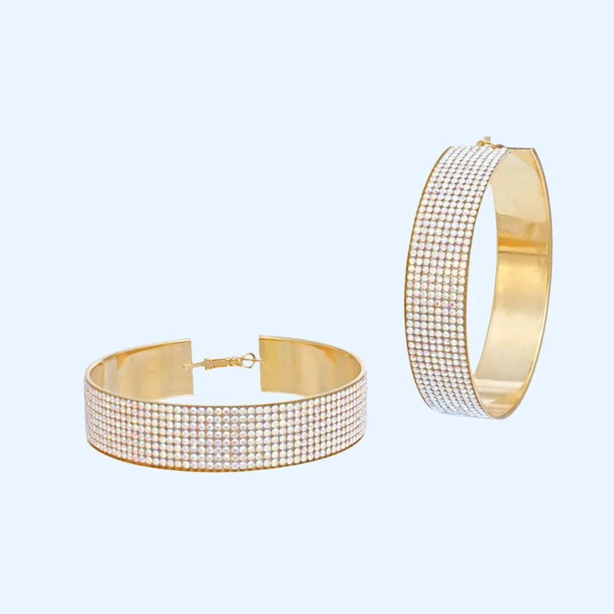 Aurora Borealis Rhinestone Wide Hoop Earrings Gold Tone