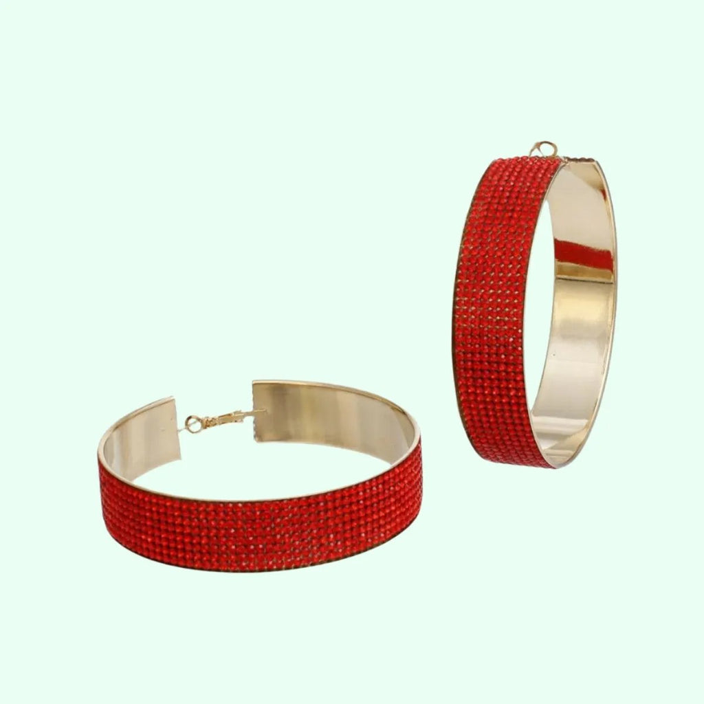 Red Rhinestone Wide Hoop Earrings Gold Tone