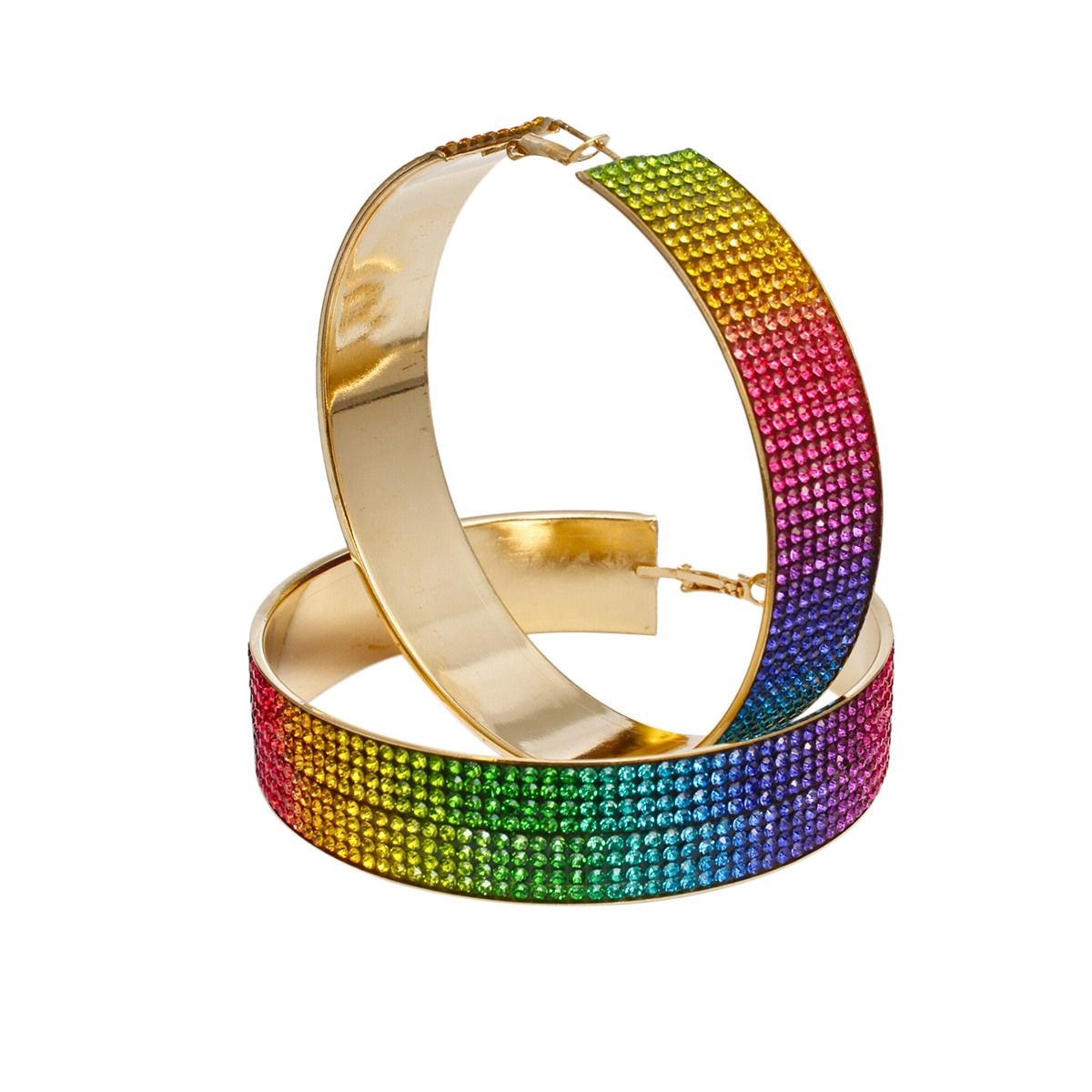Gold Rainbow Rhinestone Hoop Earrings .75 Inch Wide Fashion Jewelry