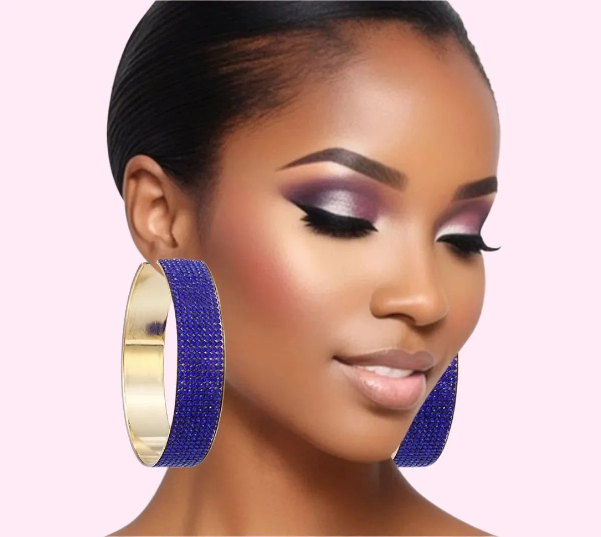 Royal Blue Rhinestone Wide Hoop Earrings Gold Tone