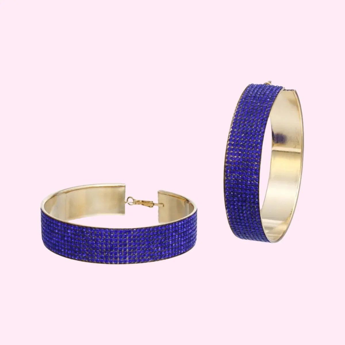 Royal Blue Rhinestone Wide Hoop Earrings Gold Tone