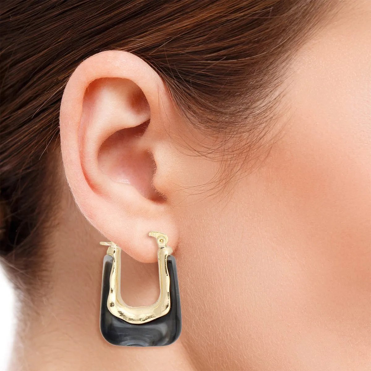 Women's 70's Glam U-Shaped Melted Gold & Marbled Tortoiseshell Acetate Hoop Earrings – Latch Hook, Lead & Cadmium Compliant