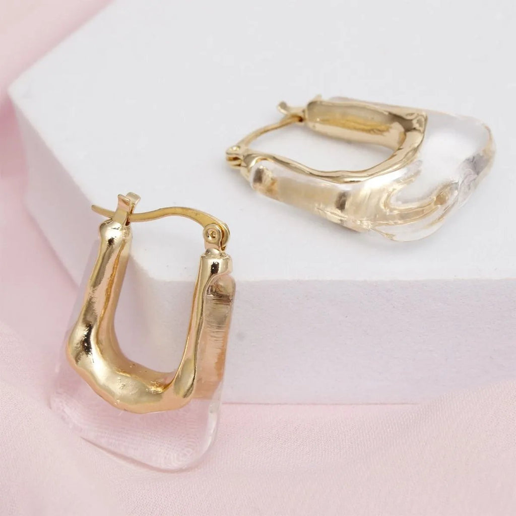 70’s Glam U-Shaped Melted-Look Gold & Clear Acetate Hoop Earrings – Latch Hook, Lead & Cadmium Compliant