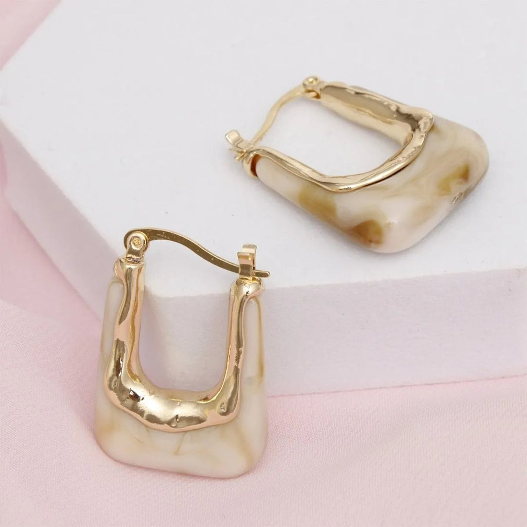 70’s Glam U Shaped Melted Gold & Marbled Ivory Hoop Earrings – Latch Hook, Lead & Cadmium Compliant