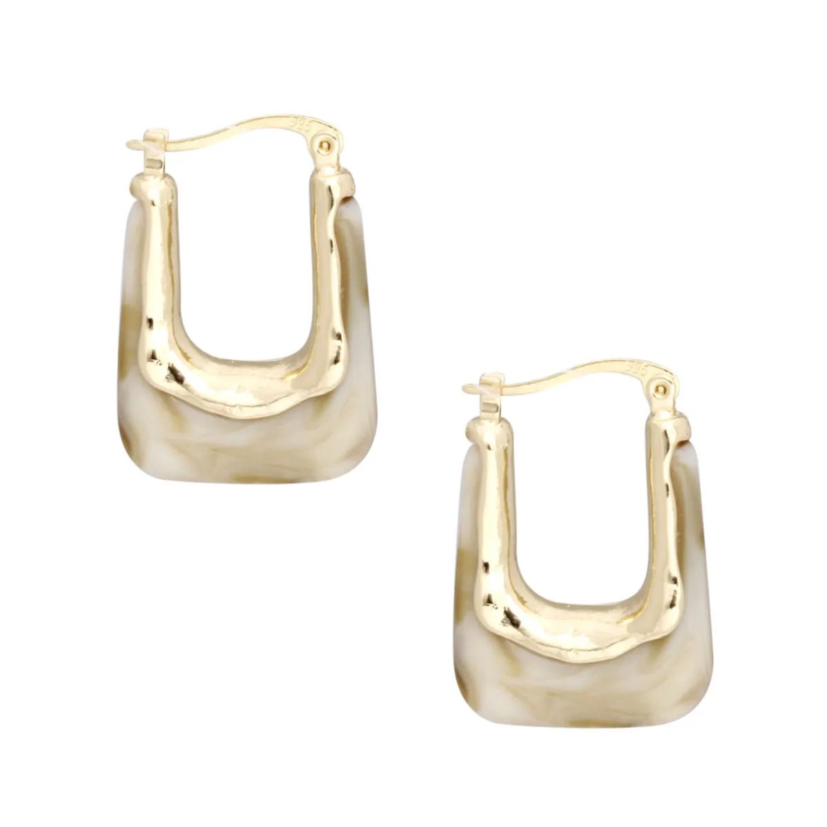 70’s Glam U Shaped Melted Gold & Marbled Ivory Hoop Earrings – Latch Hook, Lead & Cadmium Compliant