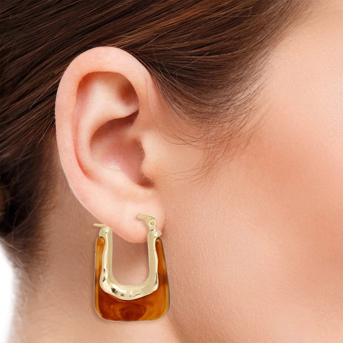 Women's 70's Glam U-Shaped Melted Gold & Marbled Tortoiseshell Acetate Hoop Earrings – Latch Hook, Lead & Cadmium Compliant
