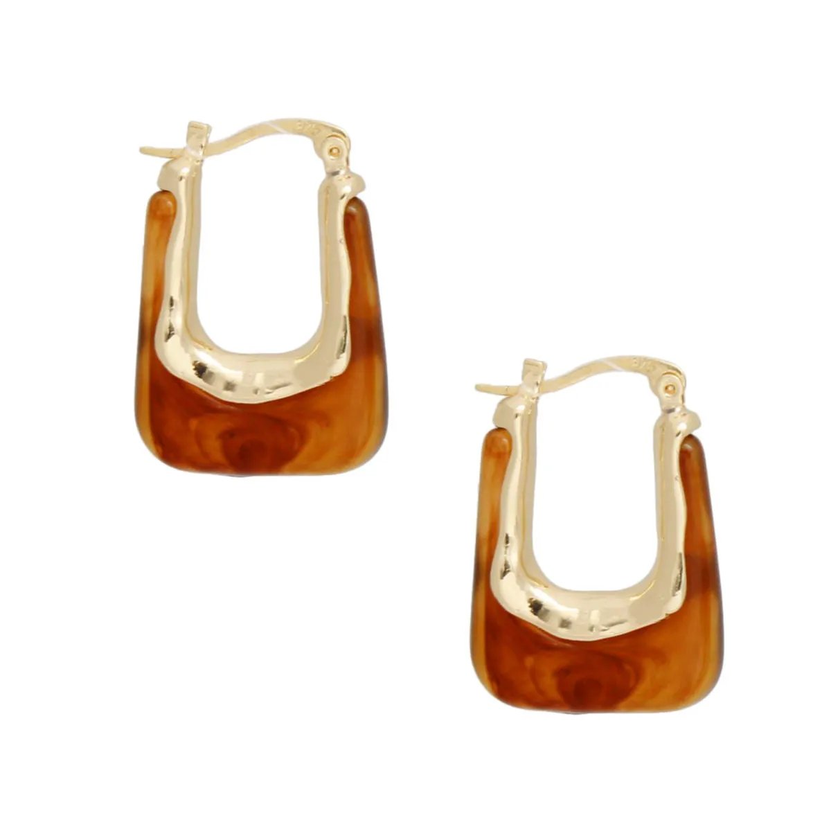 Women's 70's Glam U-Shaped Melted Gold & Marbled Tortoiseshell Acetate Hoop Earrings – Latch Hook, Lead & Cadmium Compliant