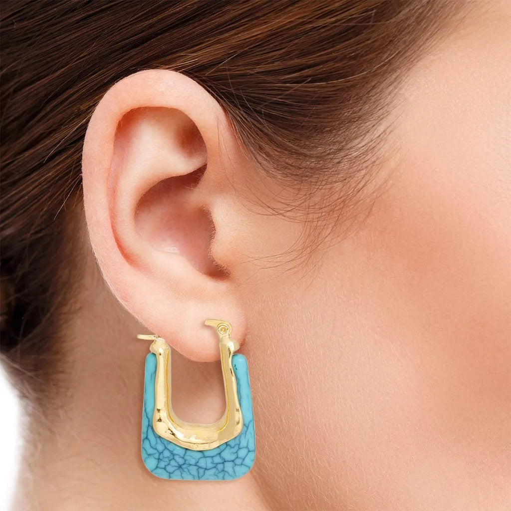 Women's 70's Glam U-Shaped Melted Gold & Cracked Turquoise Acetate Hoop Earrings – Latch Hook, Lead & Cadmium Compliant
