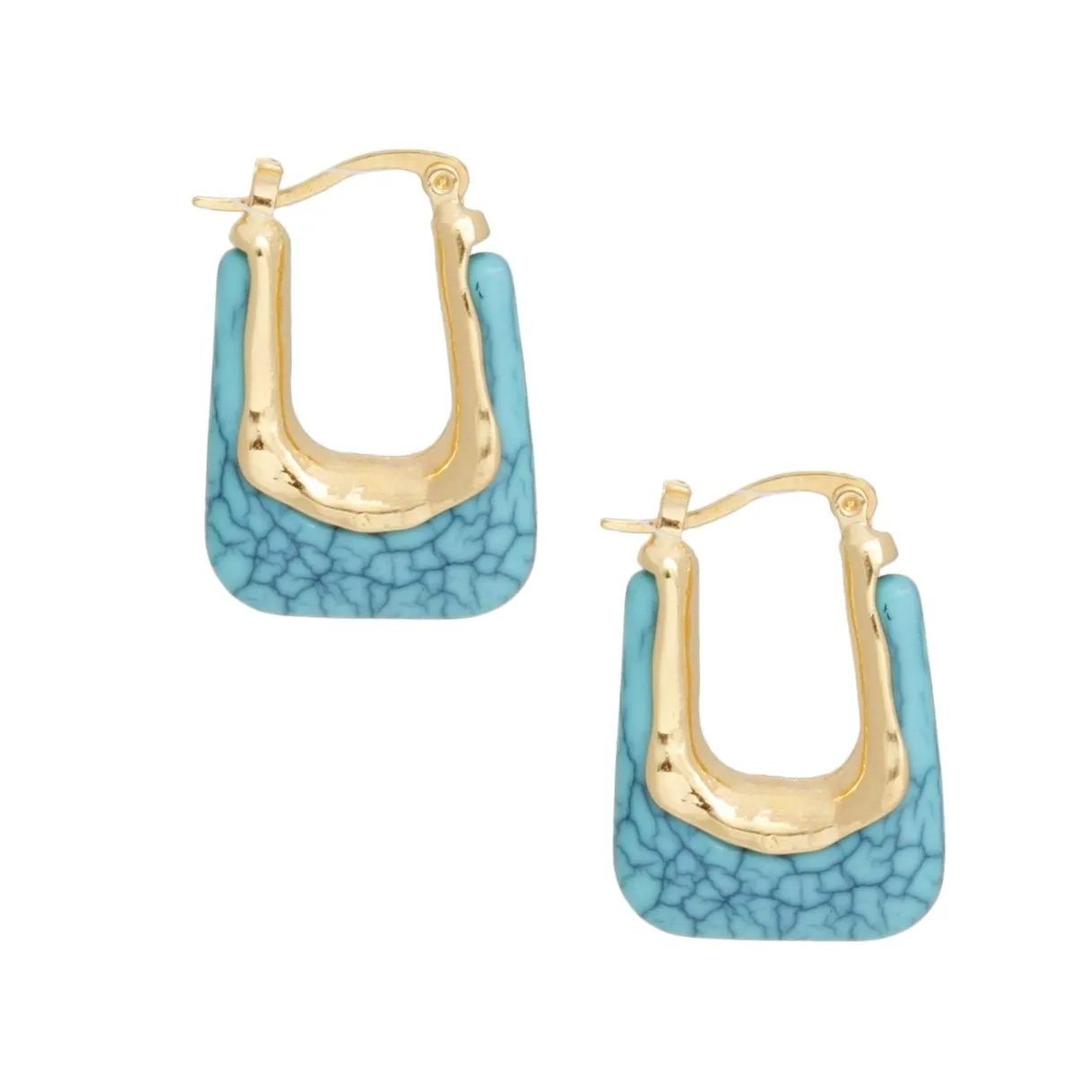 Women's 70's Glam U-Shaped Melted Gold & Cracked Turquoise Acetate Hoop Earrings – Latch Hook, Lead & Cadmium Compliant