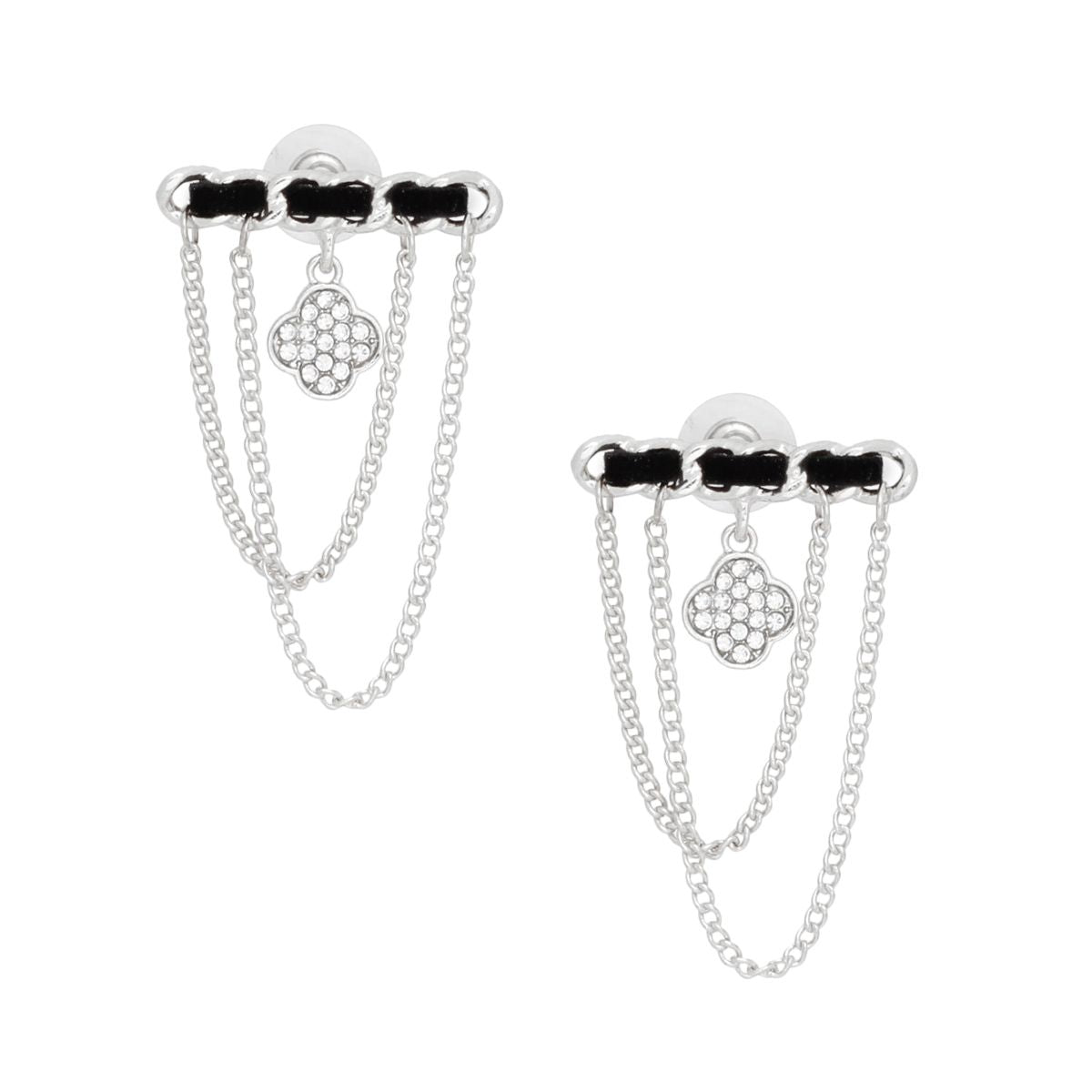 Silver Woven Bar Stud Earrings with Clover Charm