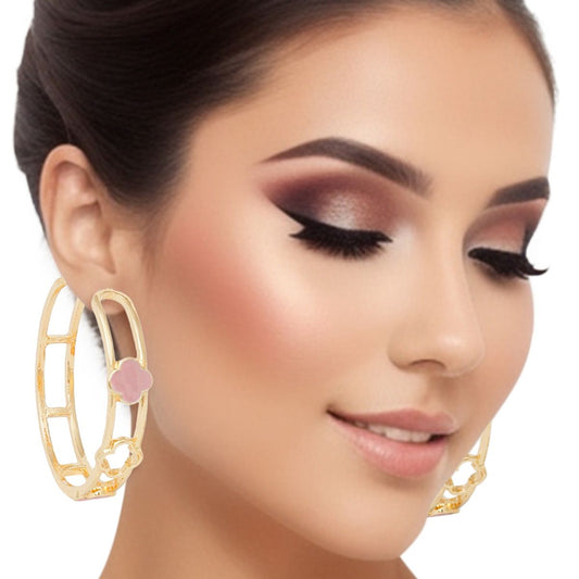 Elevate Your Style with Chic Gold-Tone Pink Clover Hoop Earrings