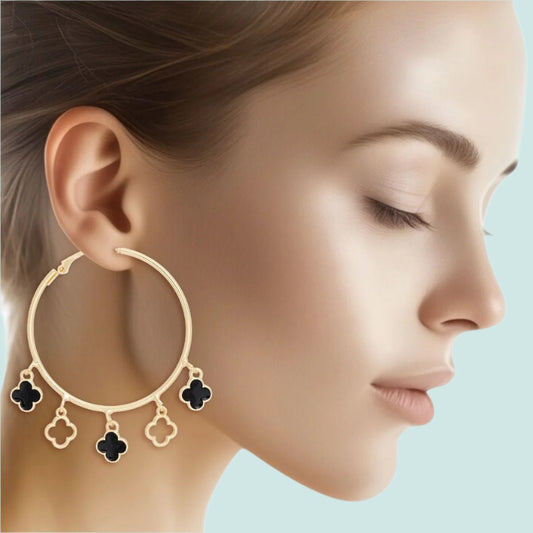 Radiant Gold Hoop Earrings with Black Clover Charms