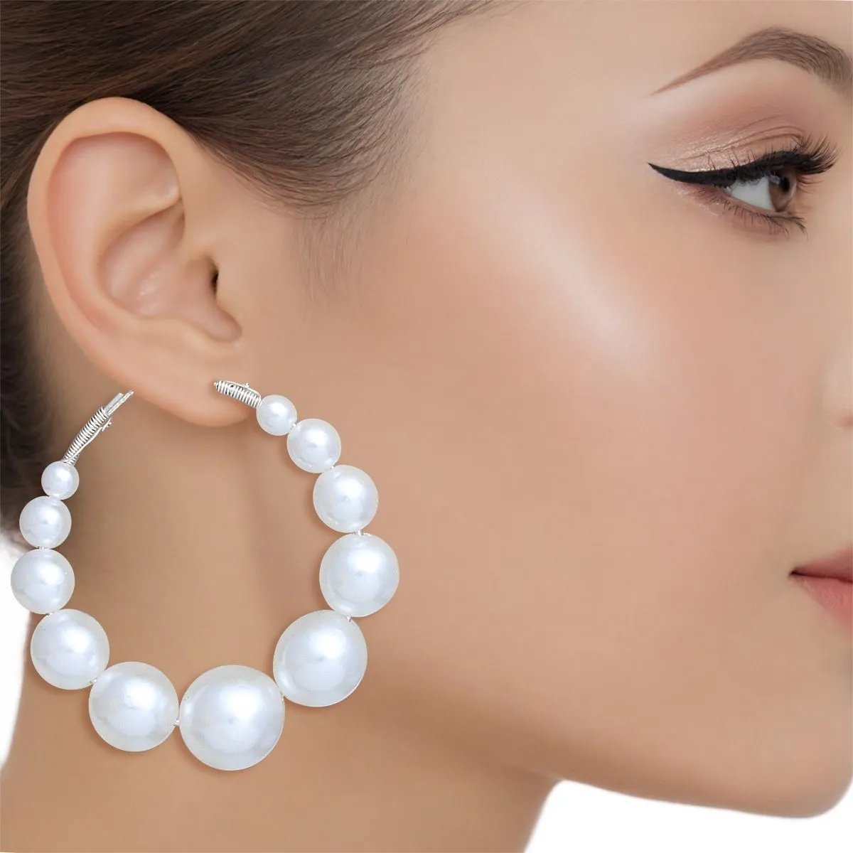 Classic Graduated White Pearl Hoop Earrings - 55mm Silver Tone