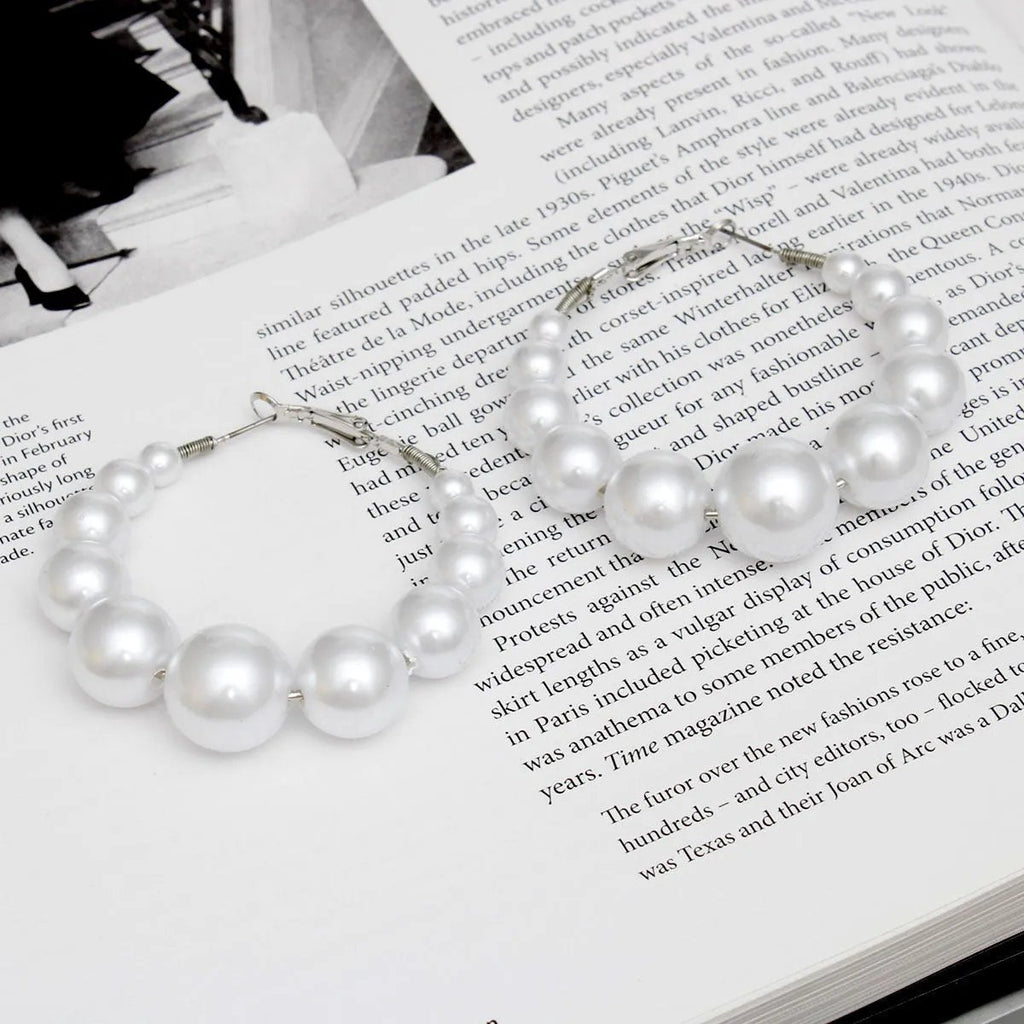 Classic Graduated White Pearl Hoop Earrings - 55mm Silver Tone