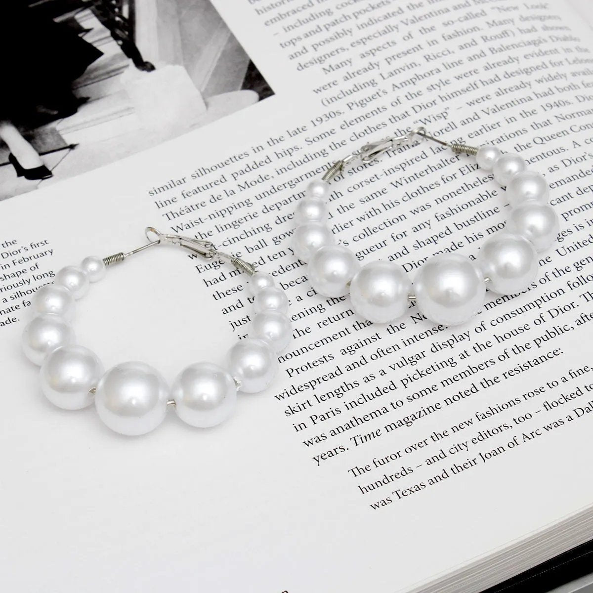 Classic Graduated White Pearl Hoop Earrings - 55mm Silver Tone