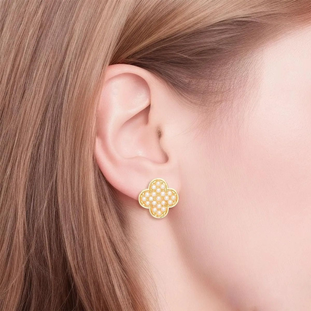 Ethereal Grace: Pearl-Adorned Golden Clover Stud Earrings