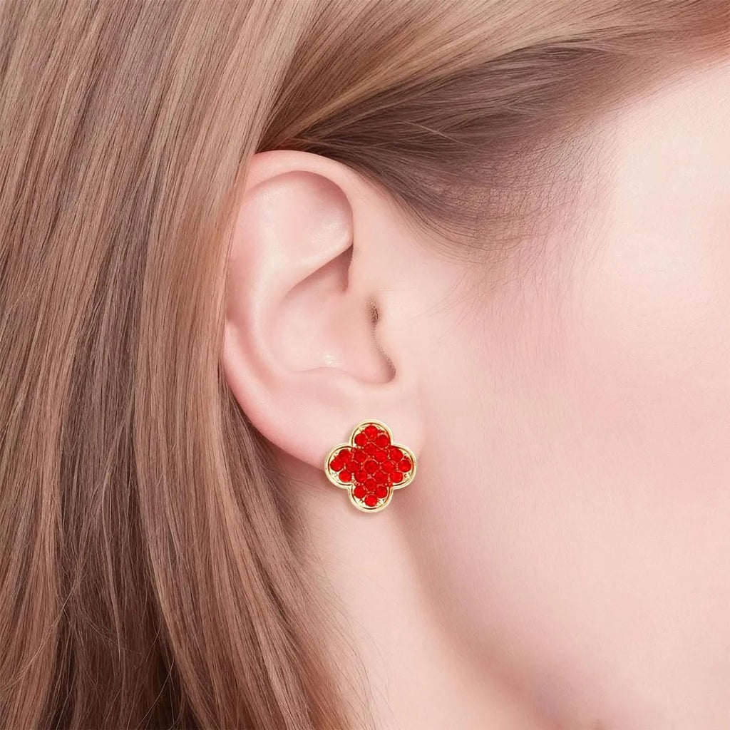 Ruby Radiance: Crimson Crystal Clover Stud Earrings