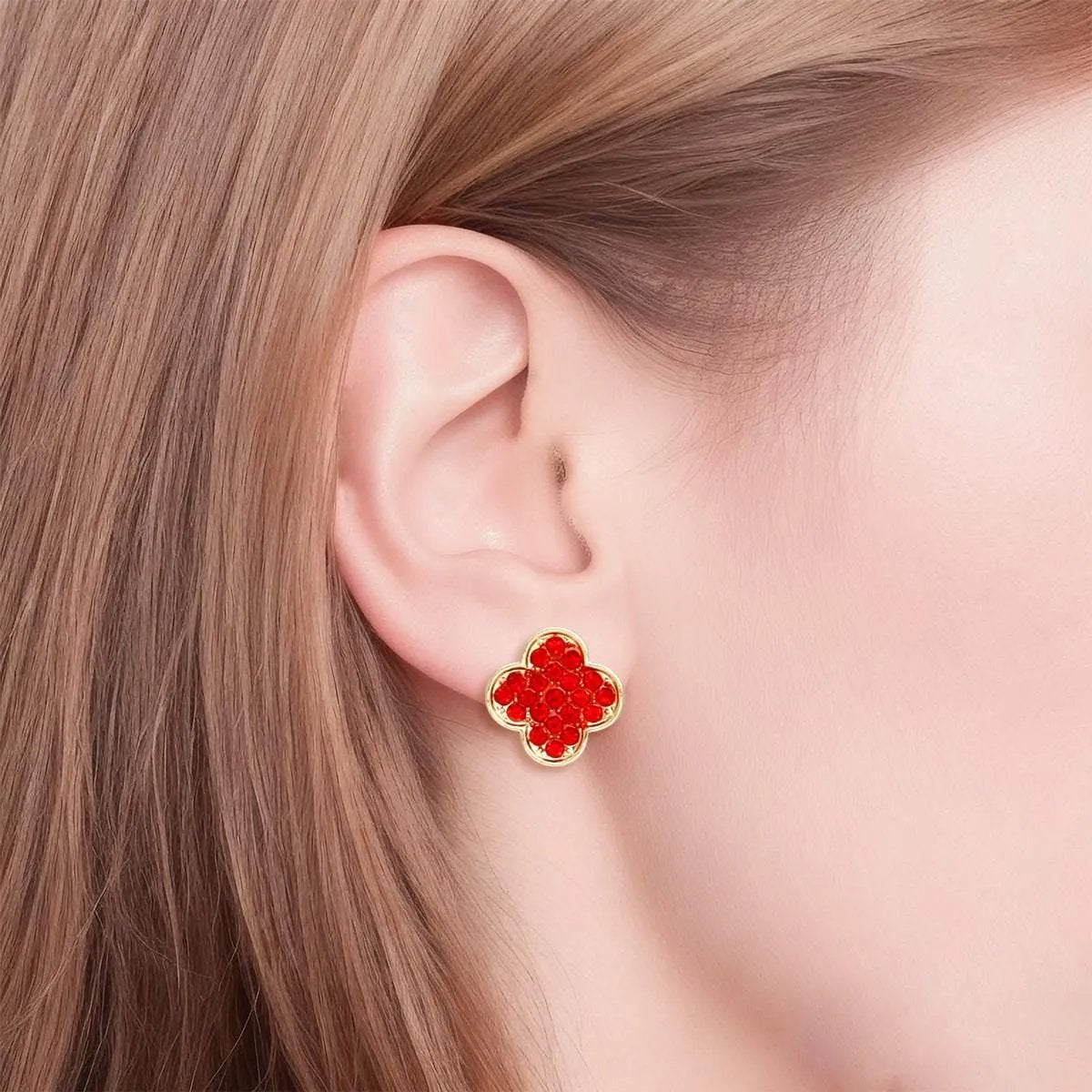 Ruby Radiance: Crimson Crystal Clover Stud Earrings
