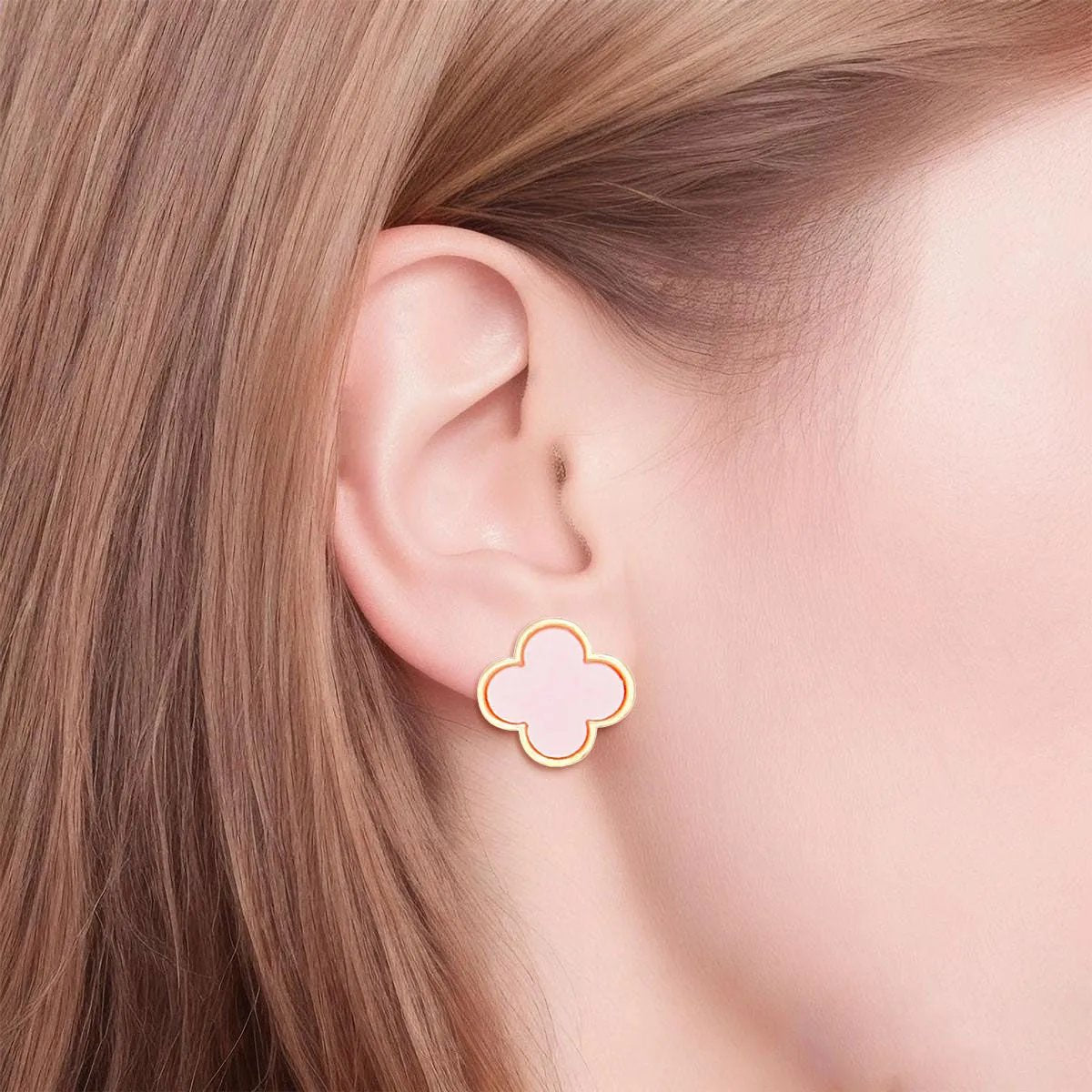 Parisian Charm: Gold-Framed Pink Quatrefoil Stud Earrings