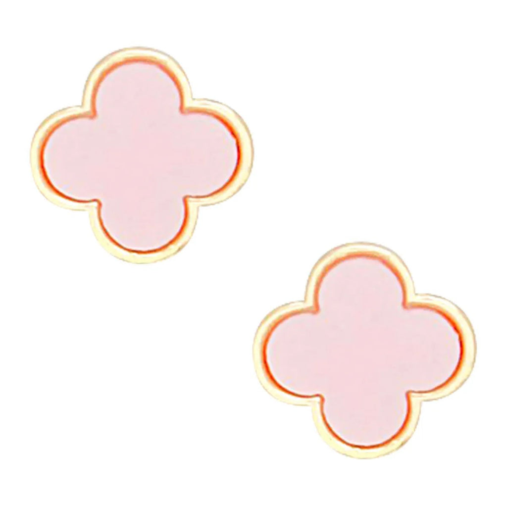 Parisian Charm: Gold-Framed Pink Quatrefoil Stud Earrings