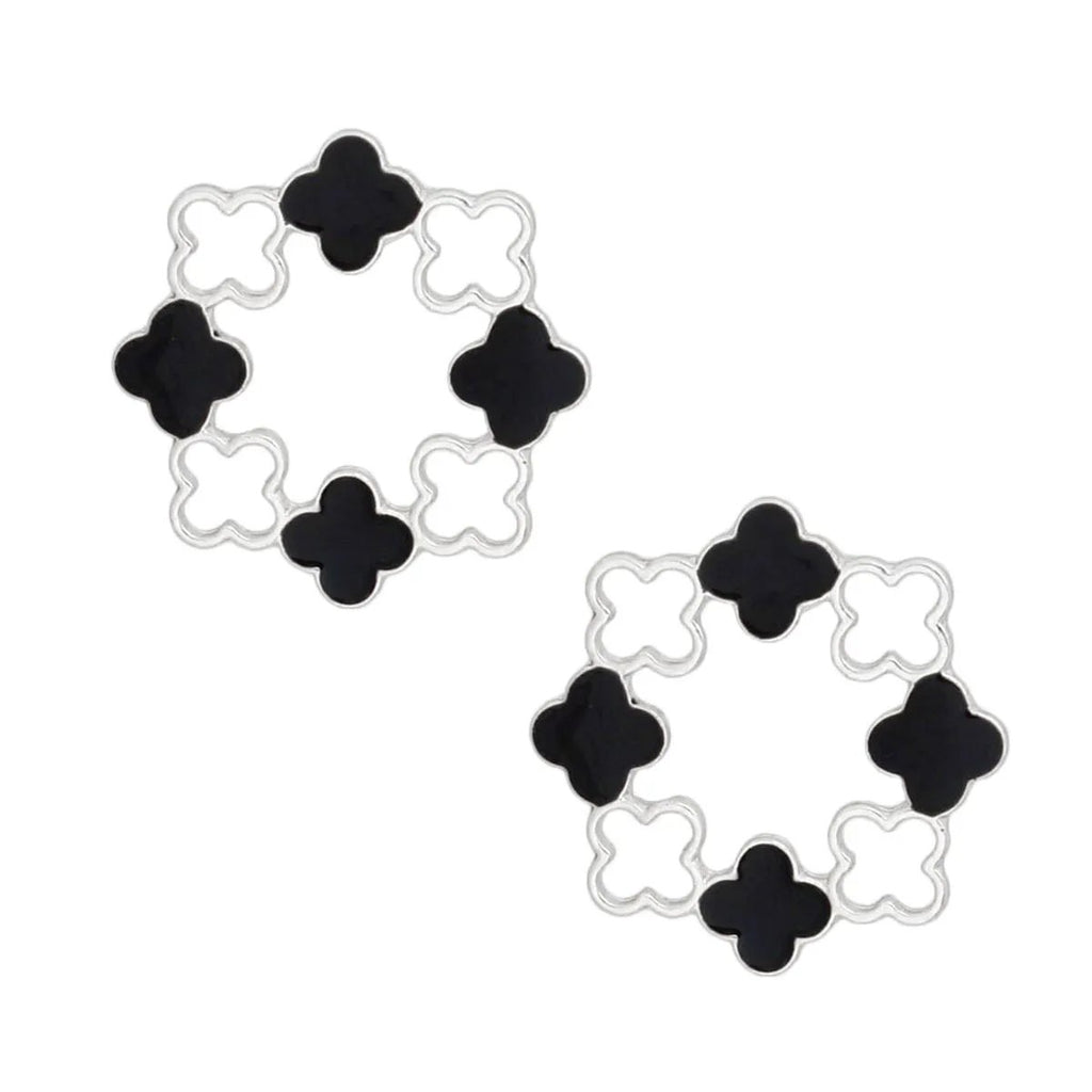 Elegant Silver Tone Clover Wreath Stud Earrings with Black Epoxy Detailing - Modern Geometric Statement Piece for Women