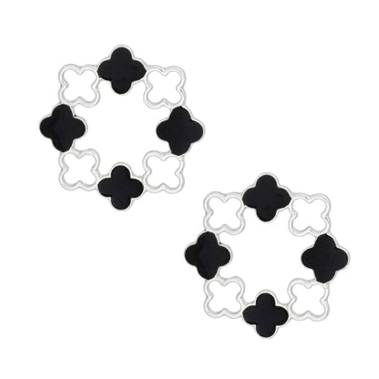 Elegant Silver Tone Clover Wreath Stud Earrings with Black Epoxy Detailing - Modern Geometric Statement Piece for Women Pinktown