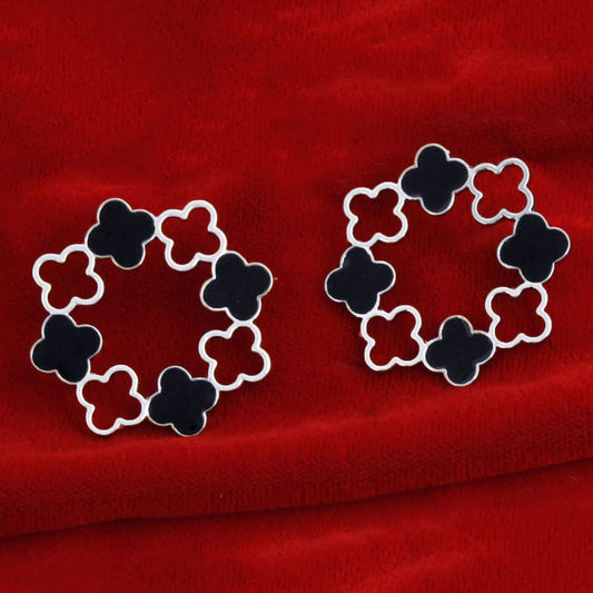 Elegant Silver Tone Clover Wreath Stud Earrings with Black Epoxy Detailing - Modern Geometric Statement Piece for Women Pinktown