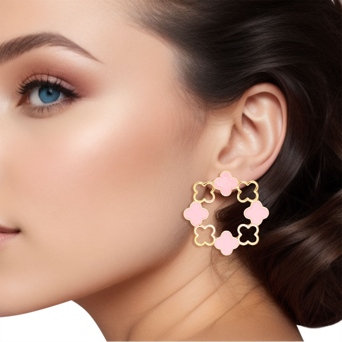 Elegant Gold Tone Clover Wreath Stud Earrings with Pink Epoxy Detailing - Modern Geometric Statement Piece for Women Pinktown