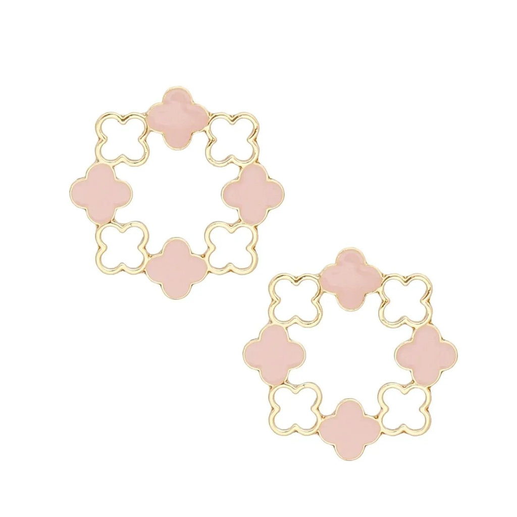 Elegant Gold Tone Clover Wreath Stud Earrings with Pink Epoxy Detailing - Modern Geometric Statement Piece for Women