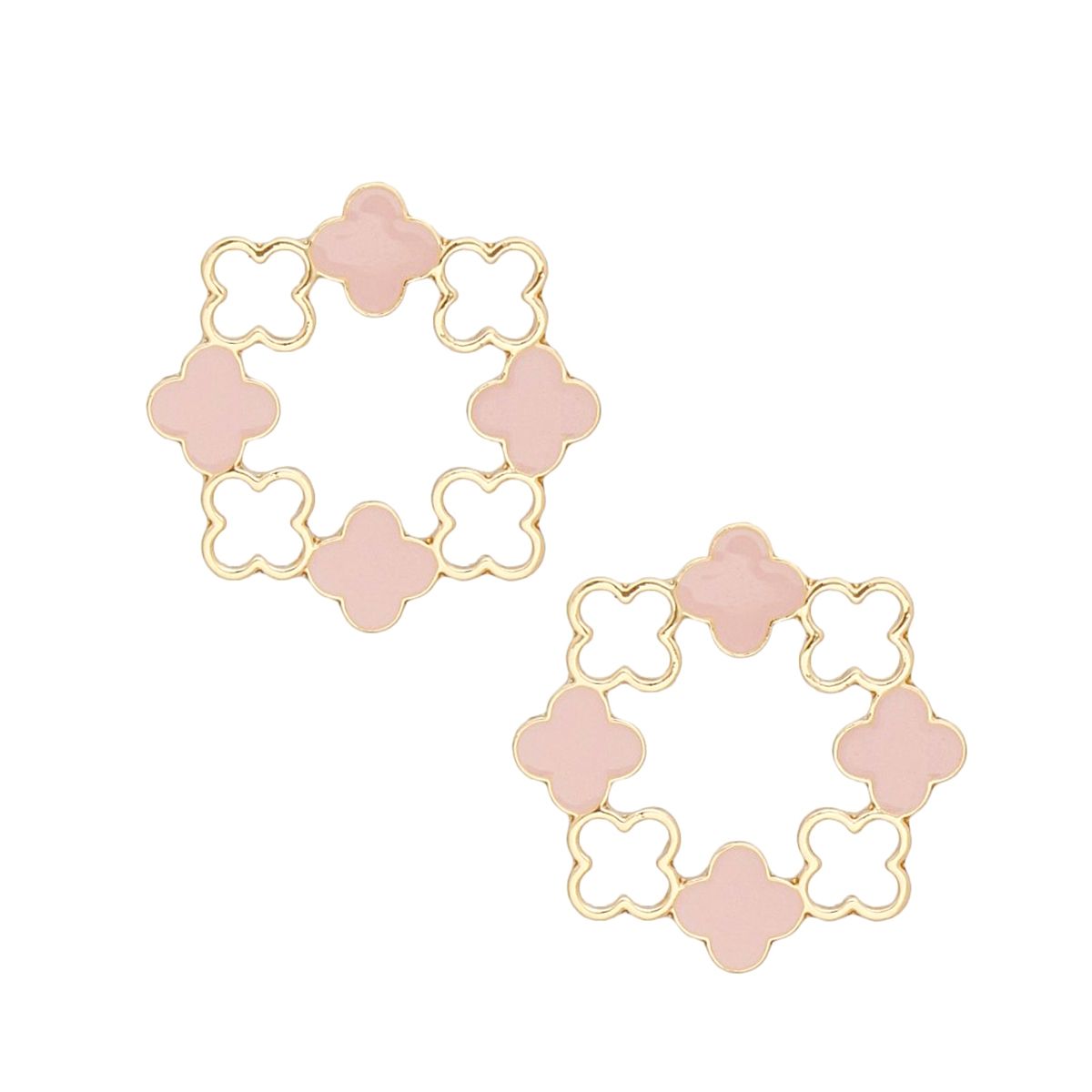 Elegant Gold Tone Clover Wreath Stud Earrings with Pink Epoxy Detailing - Modern Geometric Statement Piece for Women Pinktown