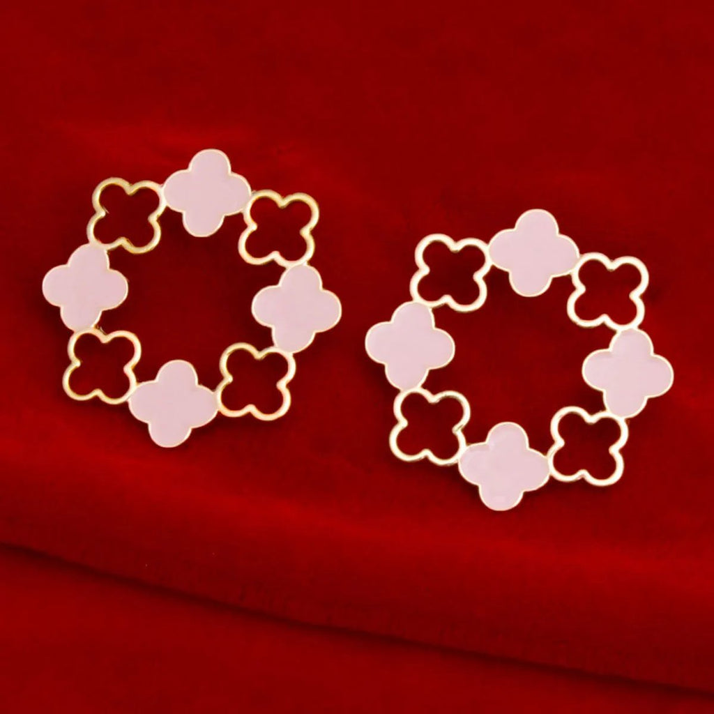 Elegant Gold Tone Clover Wreath Stud Earrings with Pink Epoxy Detailing - Modern Geometric Statement Piece for Women