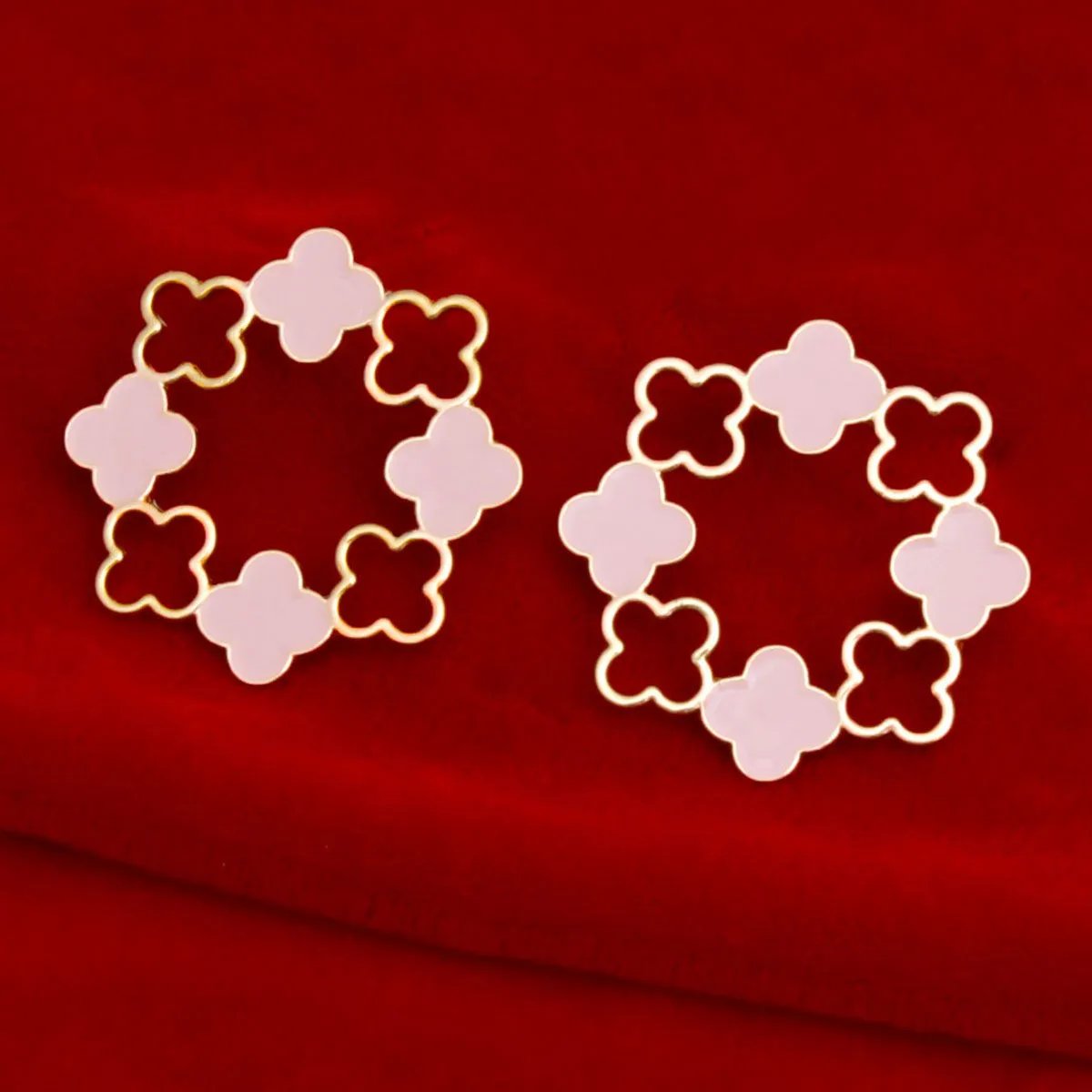 Elegant Gold Tone Clover Wreath Stud Earrings with Pink Epoxy Detailing - Modern Geometric Statement Piece for Women