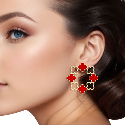 Elegant Gold Tone Clover Wreath Stud Earrings with Red Epoxy Detailing - Modern Geometric Statement Piece for Women Pinktown