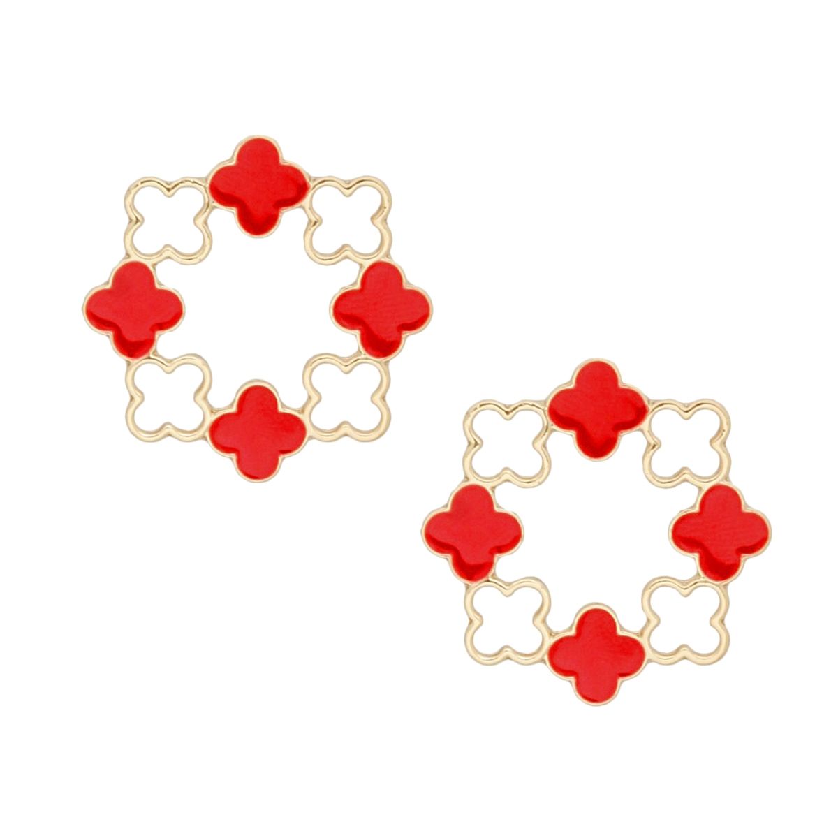 Elegant Gold Tone Clover Wreath Stud Earrings with Red Epoxy Detailing - Modern Geometric Statement Piece for Women Pinktown