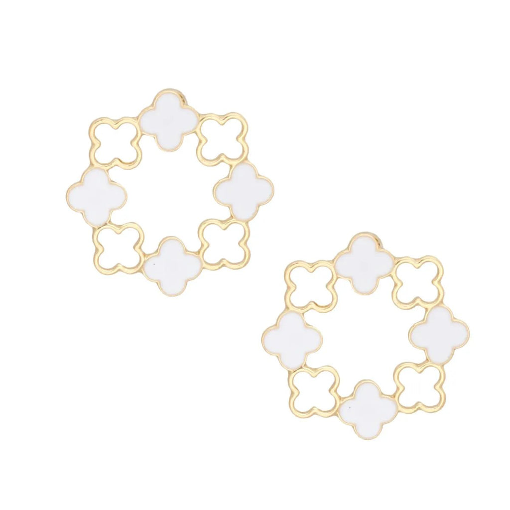 Elegant Gold Tone Clover Wreath Stud Earrings with White Epoxy Detailing - Modern Geometric Statement Piece for Women