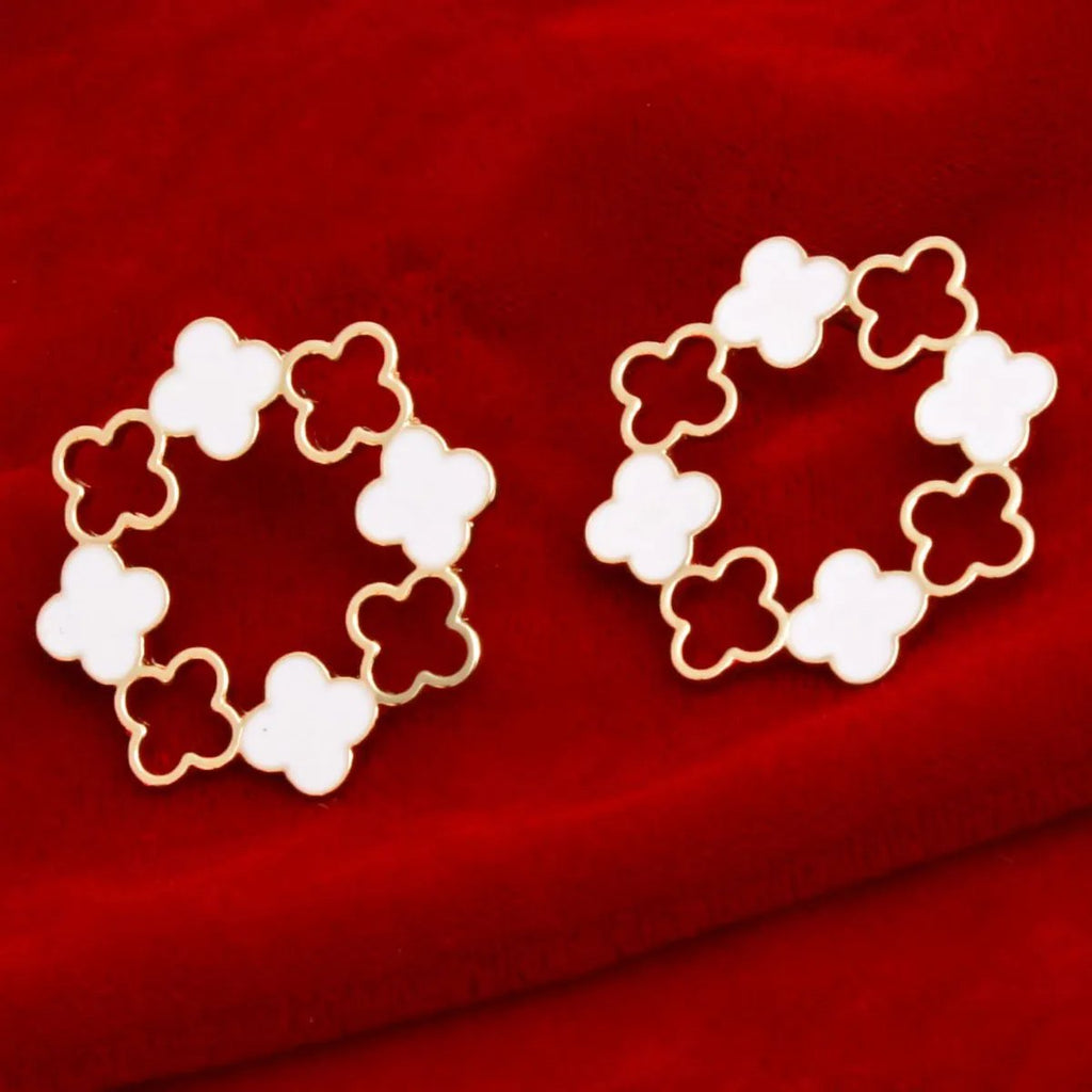 Elegant Gold Tone Clover Wreath Stud Earrings with White Epoxy Detailing - Modern Geometric Statement Piece for Women