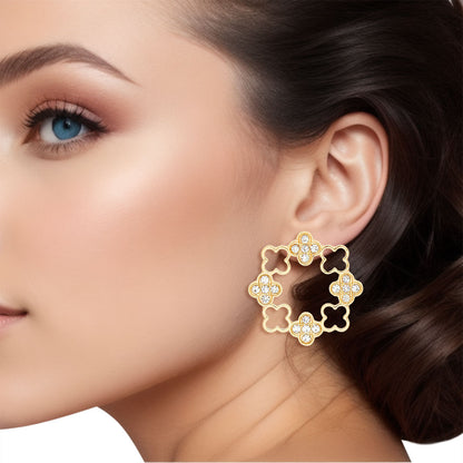 Elegant Gold Tone Clover Wreath Stud Earrings with Clear Rhinestone Detailing - Modern Geometric Statement Piece for Women Pinktown